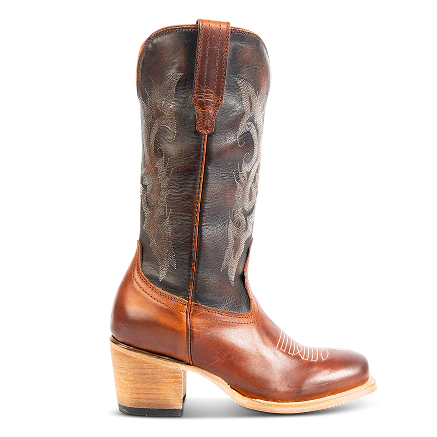 FREEBIRD women's Dice cognac leather boot with stitch detailing, leather pull straps and a square toe