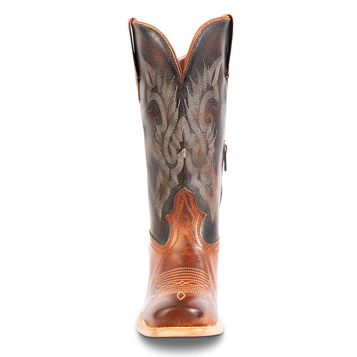 Front view showing stitch detailing and front dip on FREEBIRD women's Dice cognac leather boot