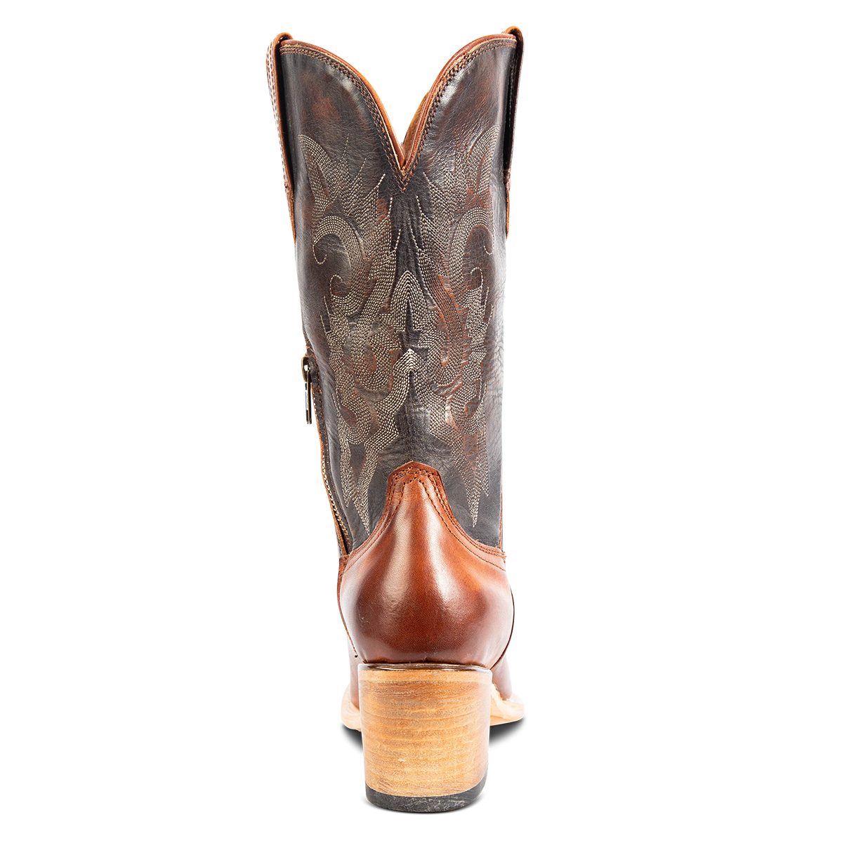 Back view showing a stacked heel, shaft stitch detailing and back dip on FREEBIRD women's Dice cognac leather boot  
