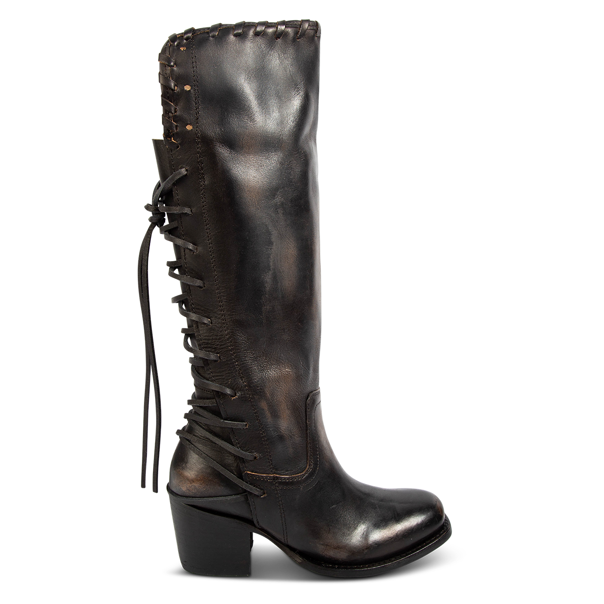 FREEBIRD women's Dillon black leather boot with 100% full grain leather, whip stitch edge detailing and adjustable back leather lacing