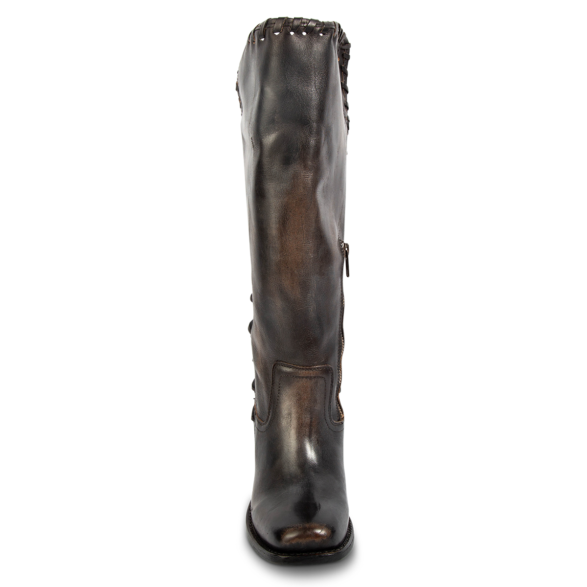 Front view showing FREEBIRD women's Dillon black leather boot with 100% full grain leather, whip stitch edge detailing and adjustable back leather lacing.