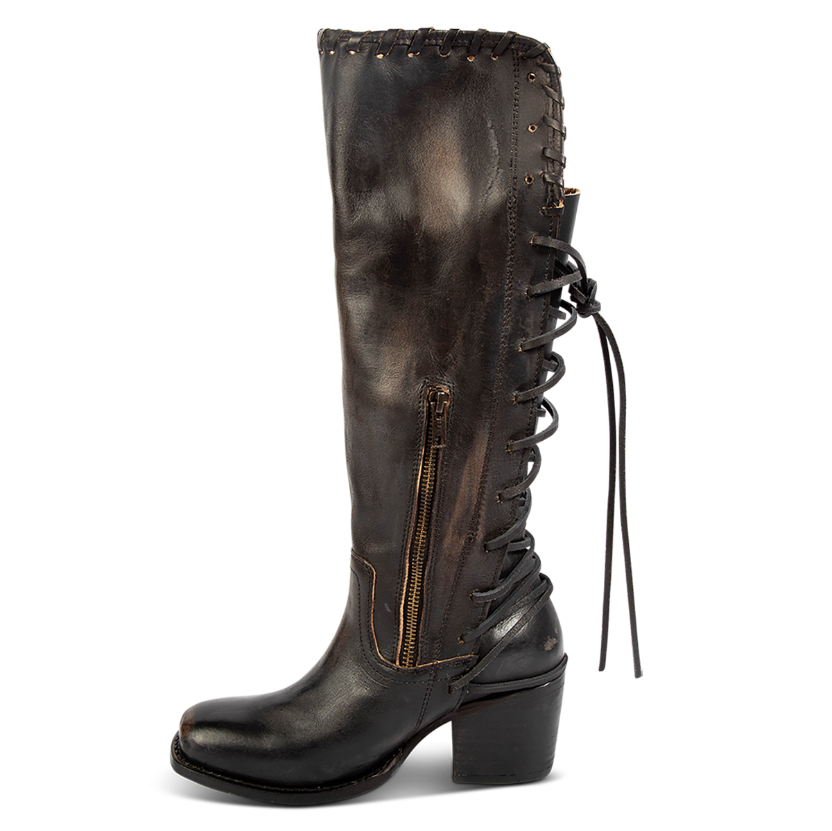 Inside view showing an inside working brass zipper on FREEBIRD women's Dillon black leather boot with 100% full grain leather, whip stitch edge detailing and adjustable back leather lacing
