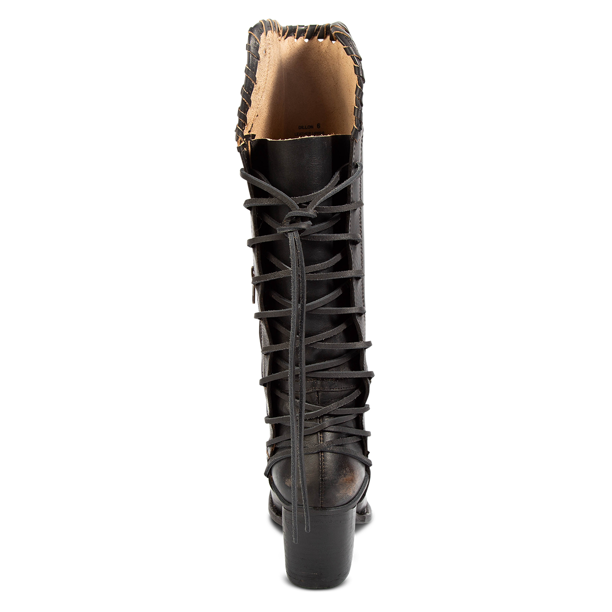 Back view showing adjustable leather lacing on FREEBIRD women's Dillon black leather boot