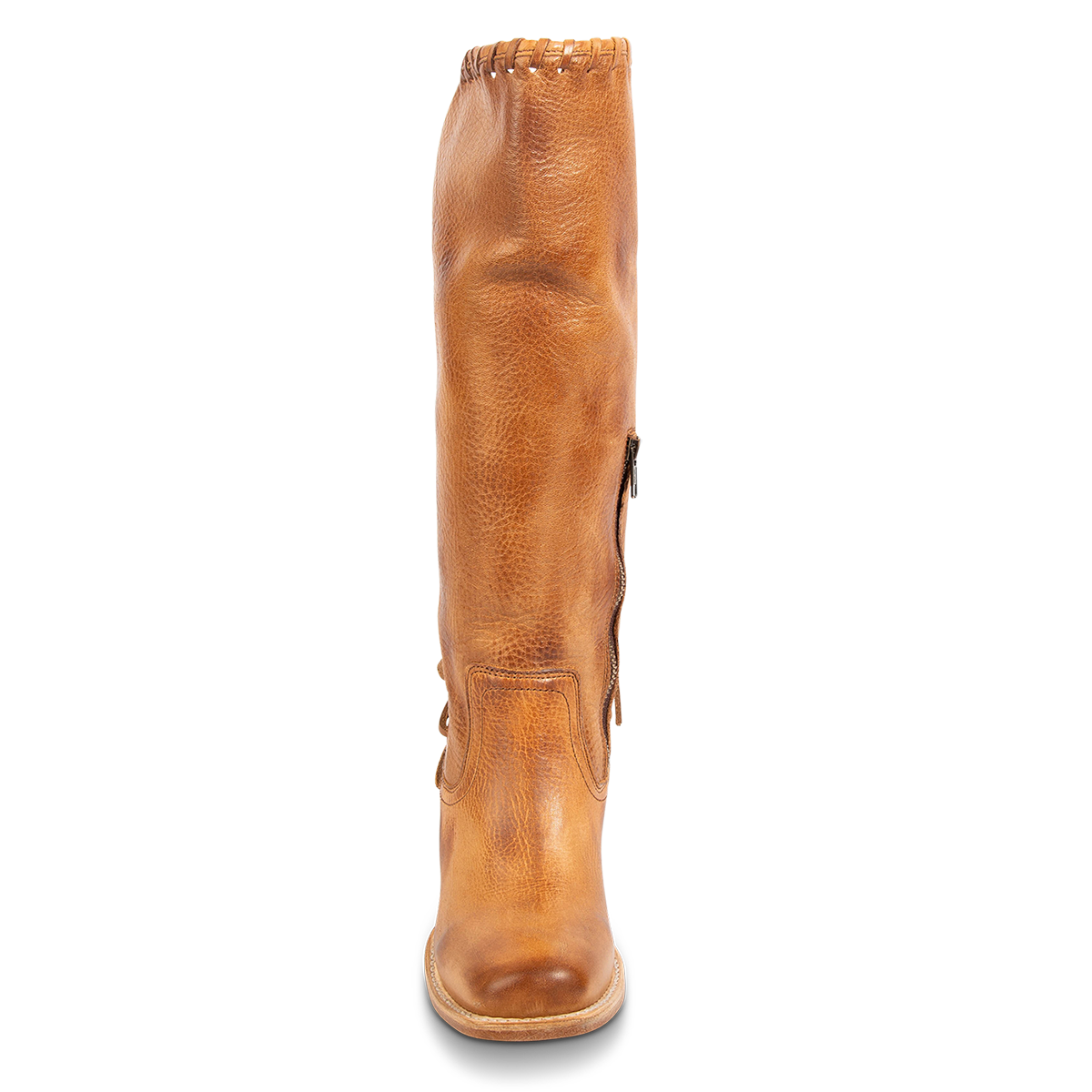 Front view showing FREEBIRD women's Dillon wheat leather boot with 100% full grain leather, whip stitch edge detailing and adjustable back leather lacing.