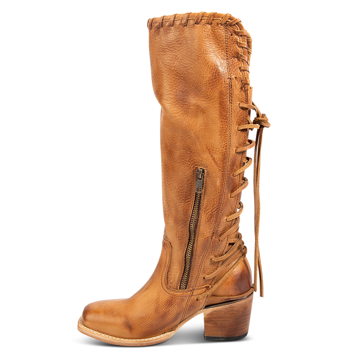 Inside view showing an inside working brass zipper on FREEBIRD women's Dillon wheat leather boot with 100% full grain leather, whip stitch edge detailing and adjustable back leather lacing.