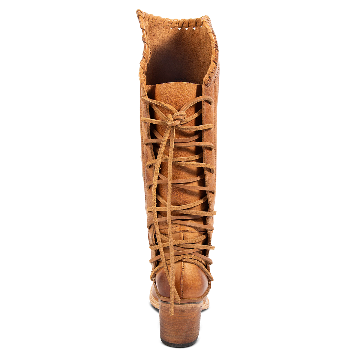 Back view showing adjustable leather lacing on FREEBIRD women's Dillon wheat leather boot 