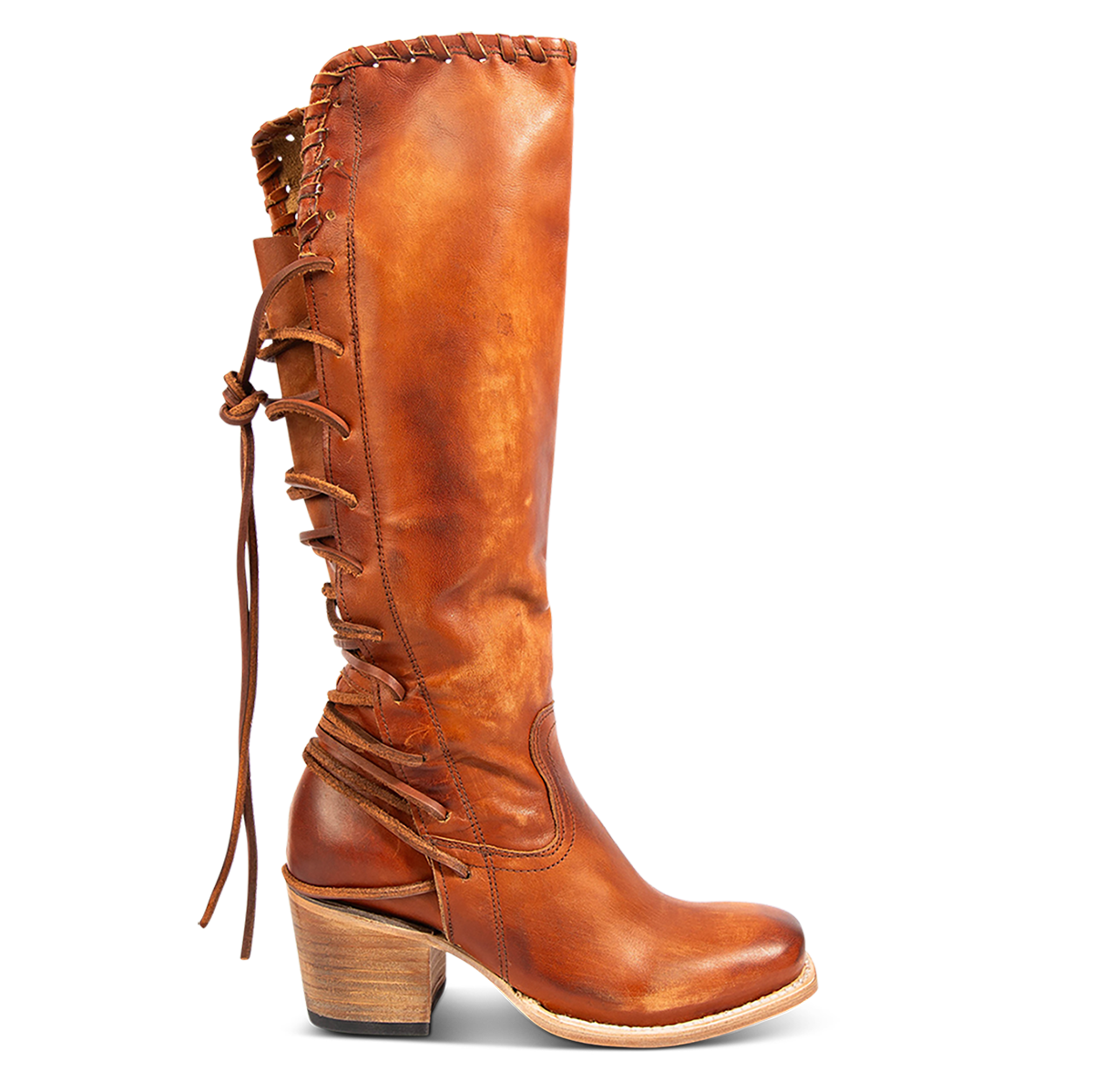 FREEBIRD women's Dillon whiskey leather boot with 100% full grain leather, whip stitch edge detailing and adjustable back leather lacing