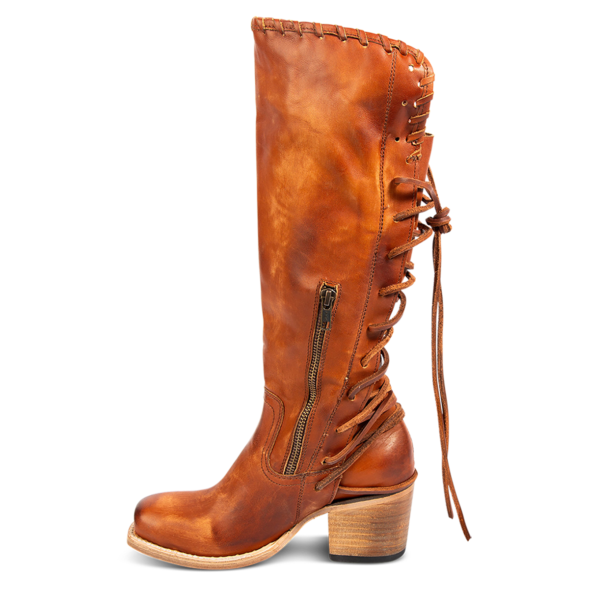 Inside view showing an inside working brass zipper on FREEBIRD women's Dillon whiskey leather boot with 100% full grain leather, whip stitch edge detailing and adjustable back leather lacing