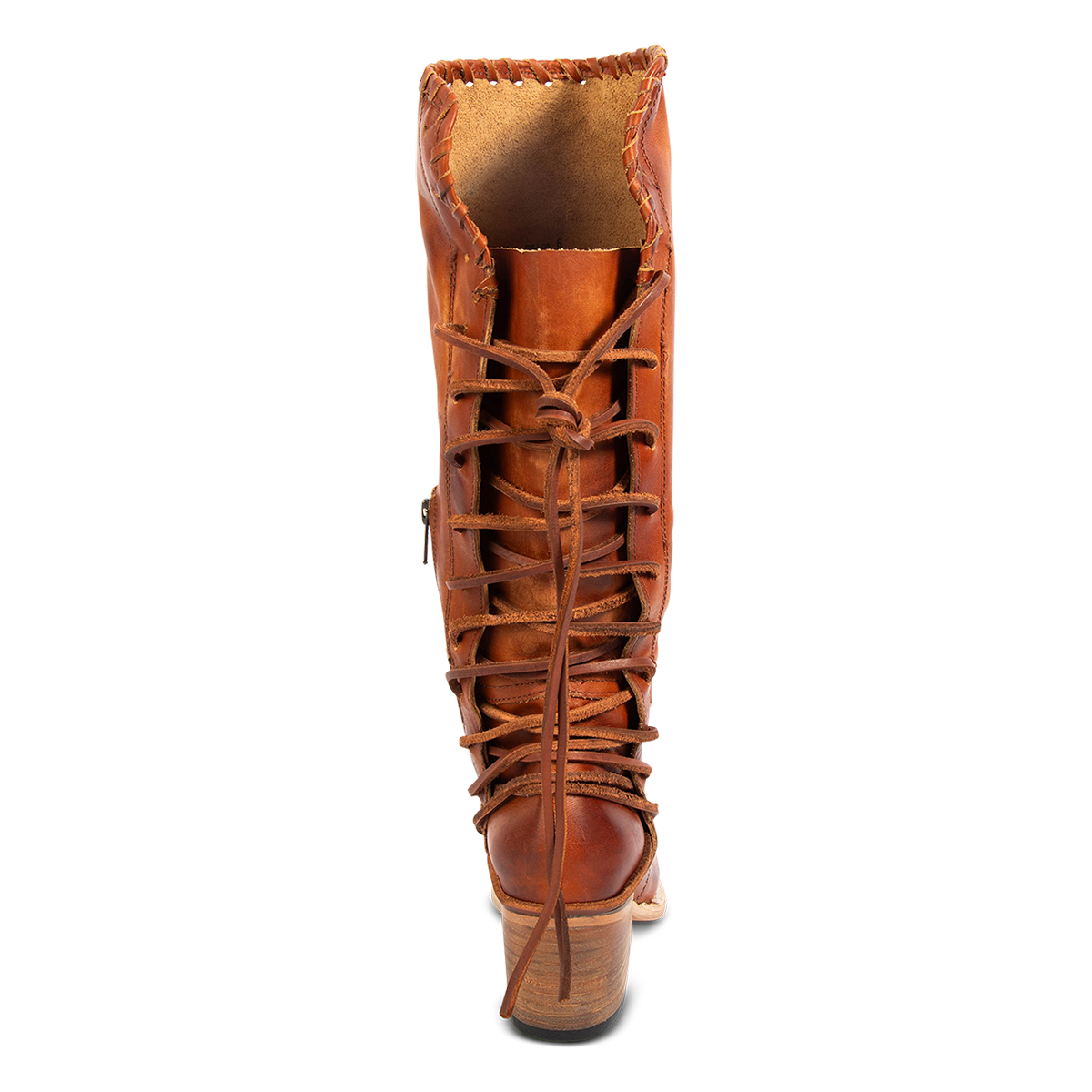 Back view showing adjustable leather lacing on FREEBIRD women's Dillon whiskey leather boot