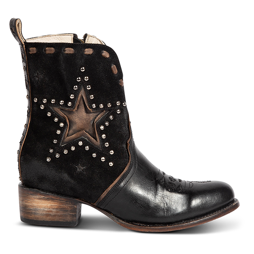 FREEBIRD women's Dolly black multi star overlay bootie with silver stud detailing, contrasting whipstitching, almond toe, and inside zip closure