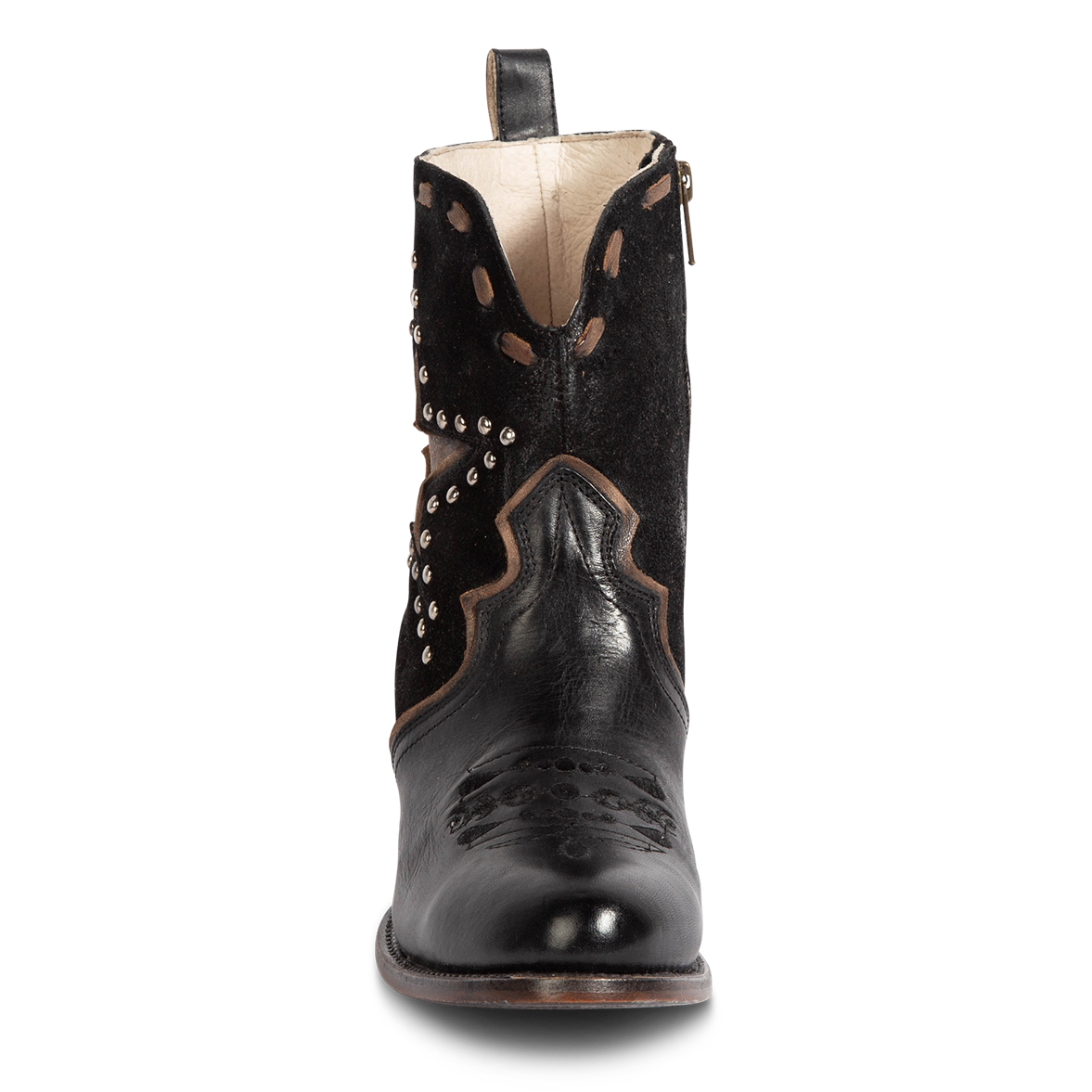 Front view showing contrasting whipstitching and detailed vamp on FREEBIRD women's Dolly black multi low heeled bootie