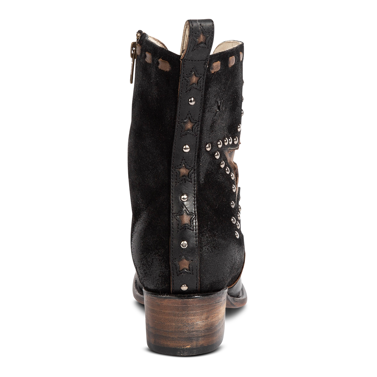 Back view showing leather heel counter detailing with star and stud accents on FREEBIRD women's Dolly black multi low heeled bootie