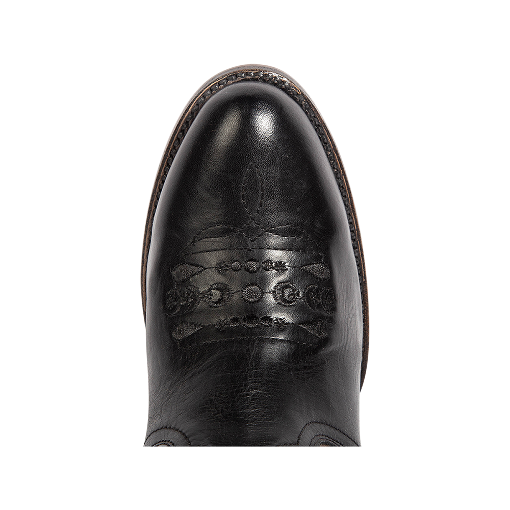 Top view showing intricate toe box stitching and almond toe construction on FREEBIRD women's Dolly black multi low heeled bootie