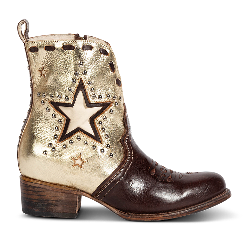 FREEBIRD women's Dolly gold/brown multi star overlay bootie with silver stud detailing, contrasting whipstitching, almond toe, and inside zip closure