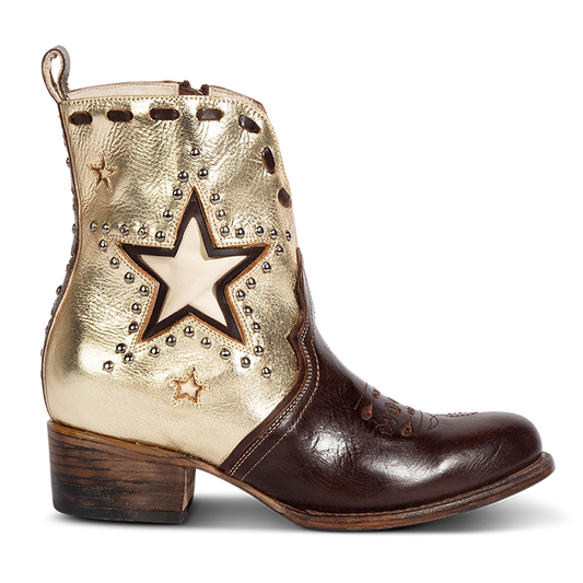 FREEBIRD women's Dolly gold/brown multi star overlay bootie with silver stud detailing, contrasting whipstitching, almond toe, and inside zip closure