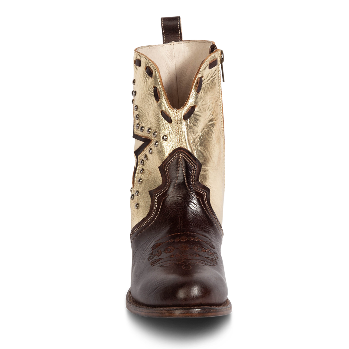 Front view showing contrasting whipstitching and detailed vamp on FREEBIRD women's Dolly gold/brown multi low heeled bootie