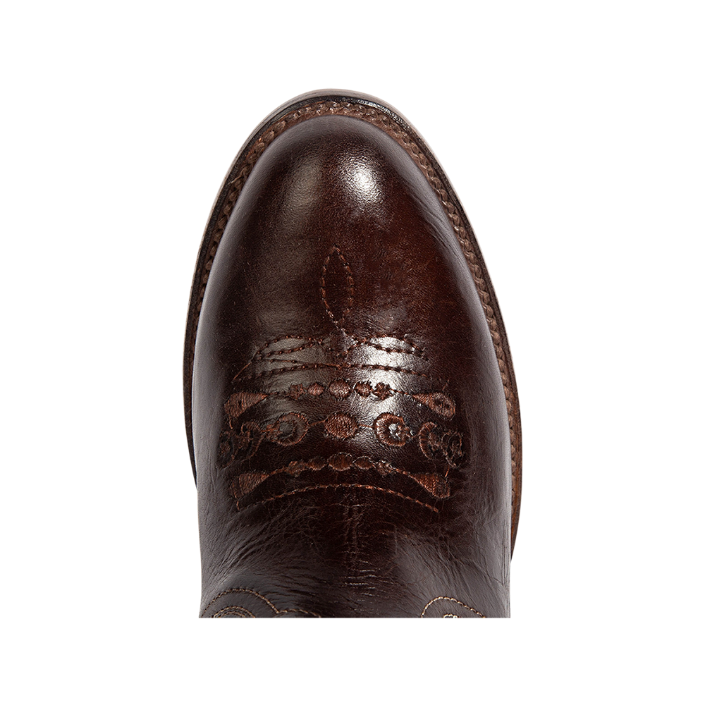 Top view showing intricate toe box stitching and almond toe construction on FREEBIRD women's Dolly gold/brown multi low heeled bootie