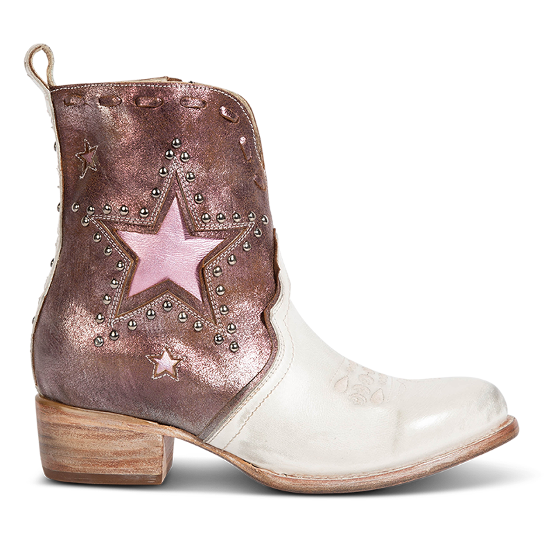 FREEBIRD women's Dolly pink multi star overlay bootie with silver stud detailing, contrasting whipstitching, almond toe, and inside zip closure