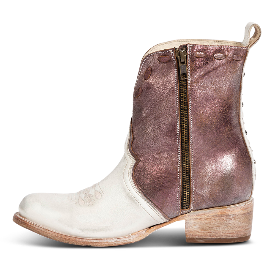 Inside view showing working brass zip closure on FREEBIRD women's Dolly pink multi low heeled bootie