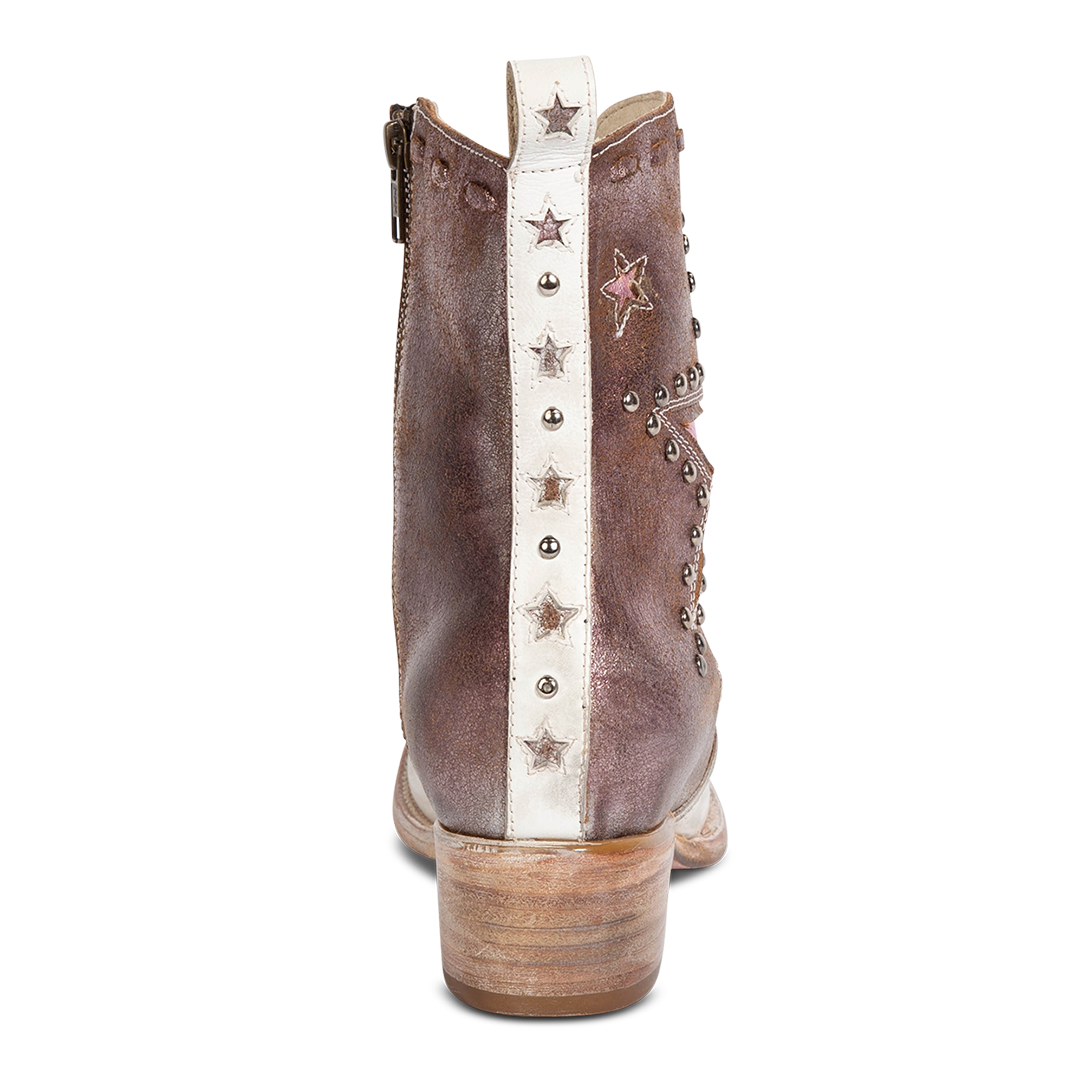 Back view showing leather heel counter detailing with star and stud accents on FREEBIRD women's Dolly pink multi low heeled bootie