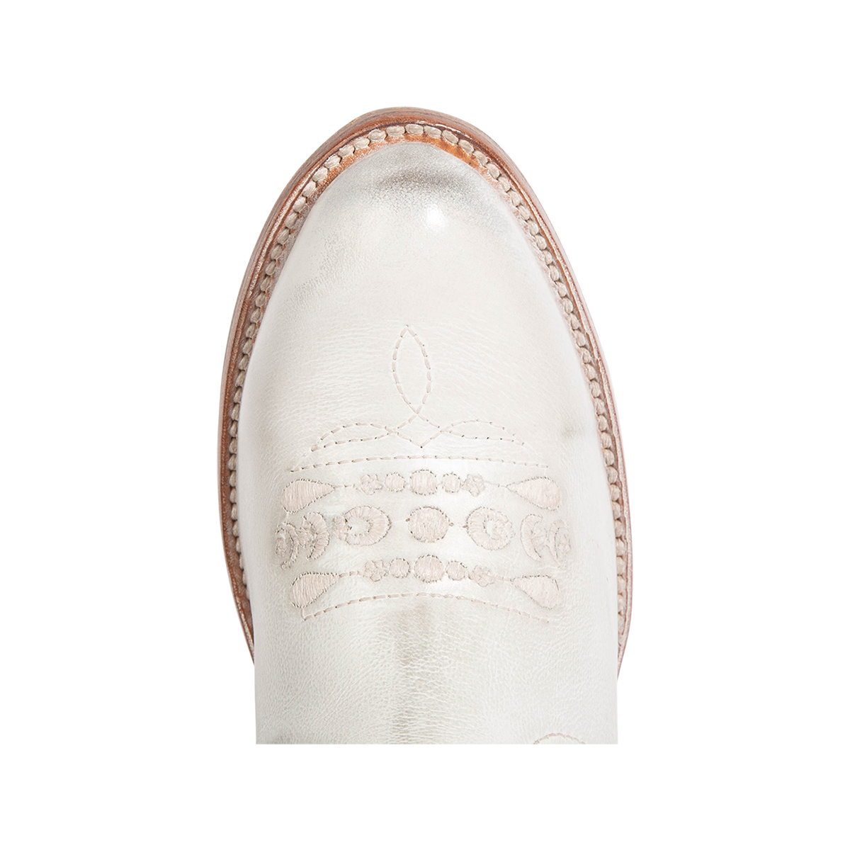 Top view showing intricate toe box stitching and almond toe construction on FREEBIRD women's Dolly pink multi low heeled bootie