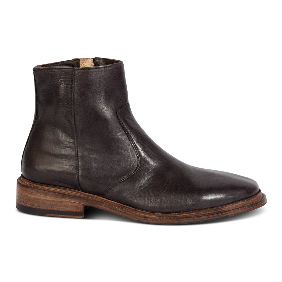 FREEBIRD men's Douglas black leather ankle boot with an almond toe, inside zip and low heel