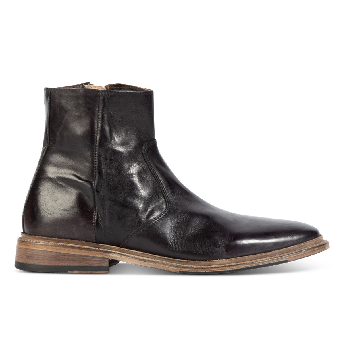 FREEBIRD men's Douglas black leather ankle boot with an almond toe, inside zip and low heel