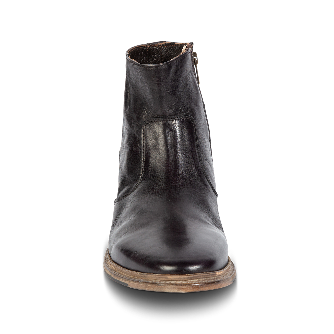 Front view showing FREEBIRD men's Douglas black leather ankle boot with an almond toe, inside zip and low heel