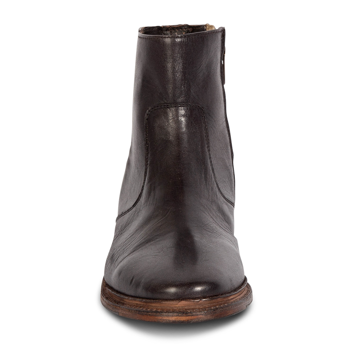 Front view showing FREEBIRD men's Douglas black leather ankle boot with an almond toe, inside zip and low heel