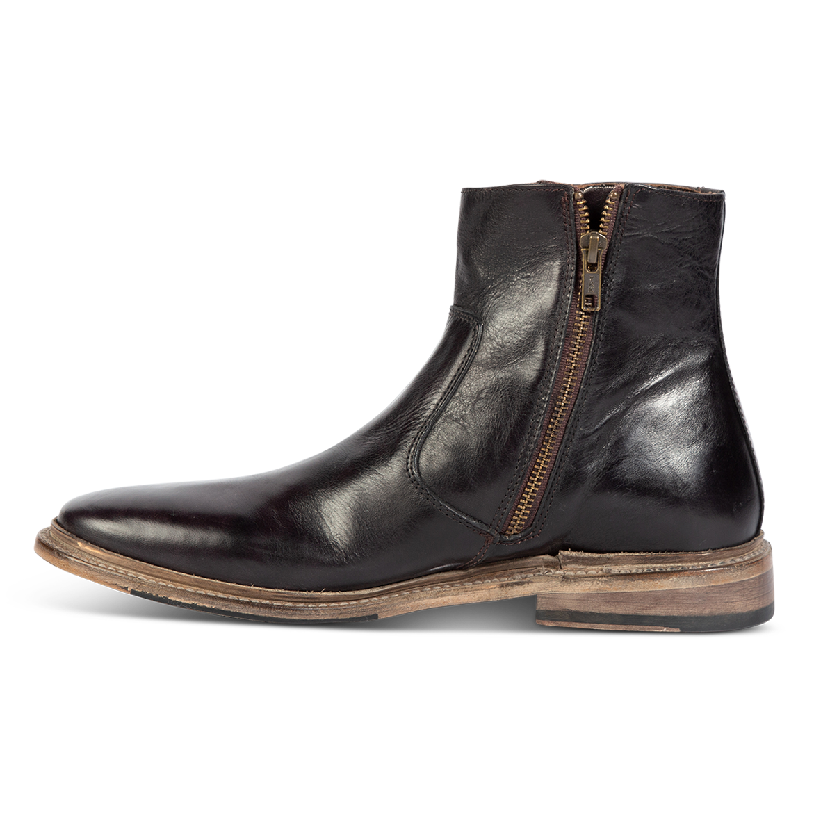 Inside view showing FREEBIRD men's Douglas black leather ankle boot with an almond toe, inside zip and low heel