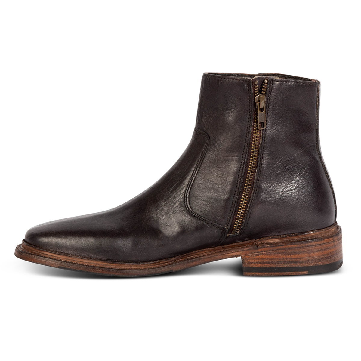 Inside view showing FREEBIRD men's Douglas black leather ankle boot with an almond toe, inside zip and low heel