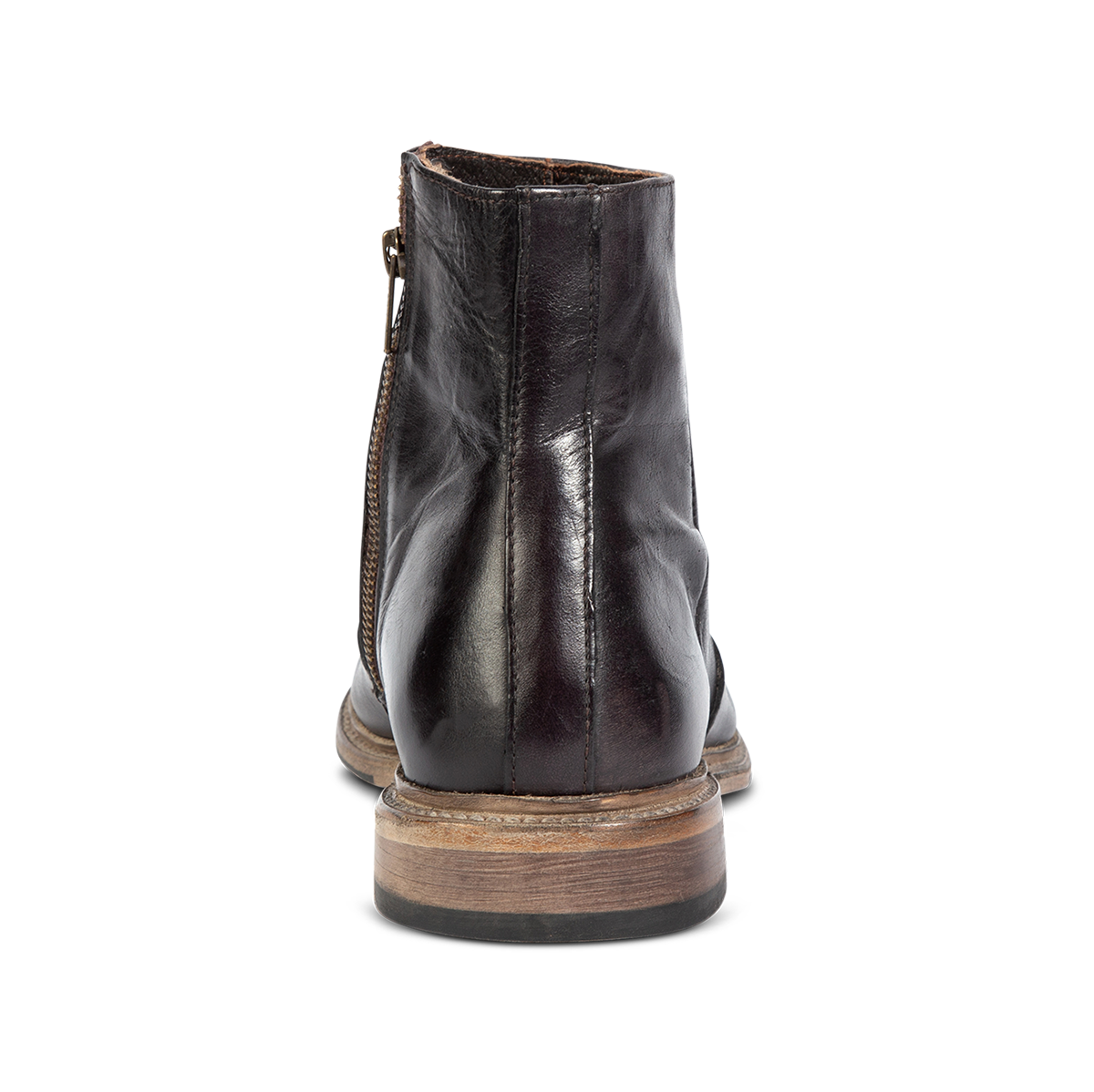 Back view showing FREEBIRD men's Douglas black leather ankle boot with a low, lifted heel
