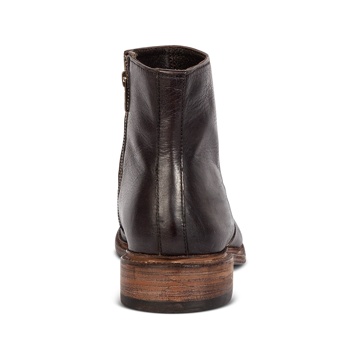 Back view showing FREEBIRD men's Douglas black leather ankle boot with a low, lifted heel