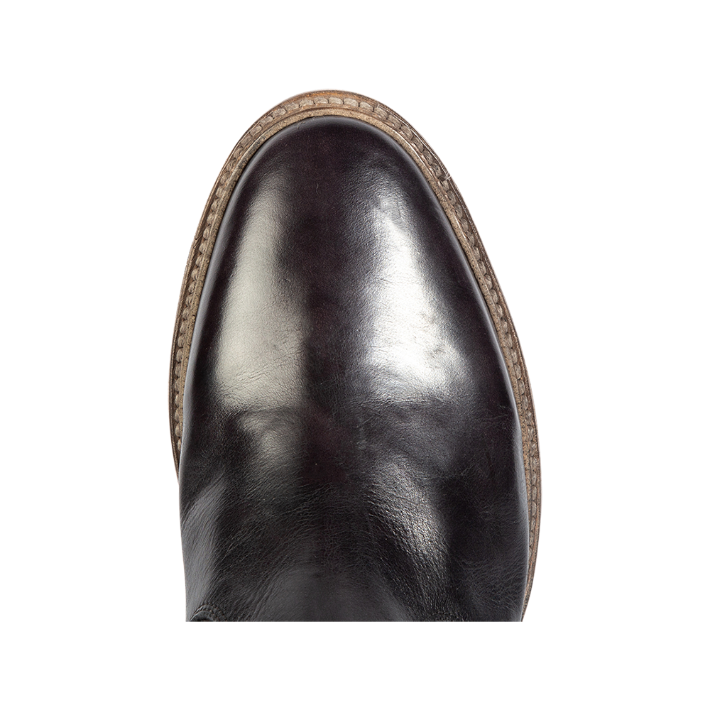 Top view showing an almond toe silhouette and 100% full grain leather on FREEBIRD men's Douglas black leather ankle boot