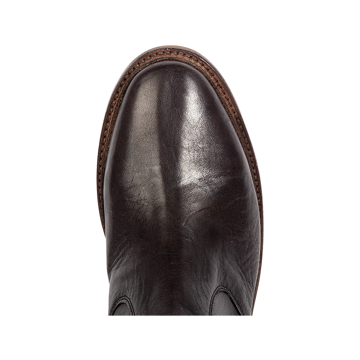Top view showing an almond toe silhouette and 100% full grain leather on FREEBIRD men's Douglas black leather ankle boot