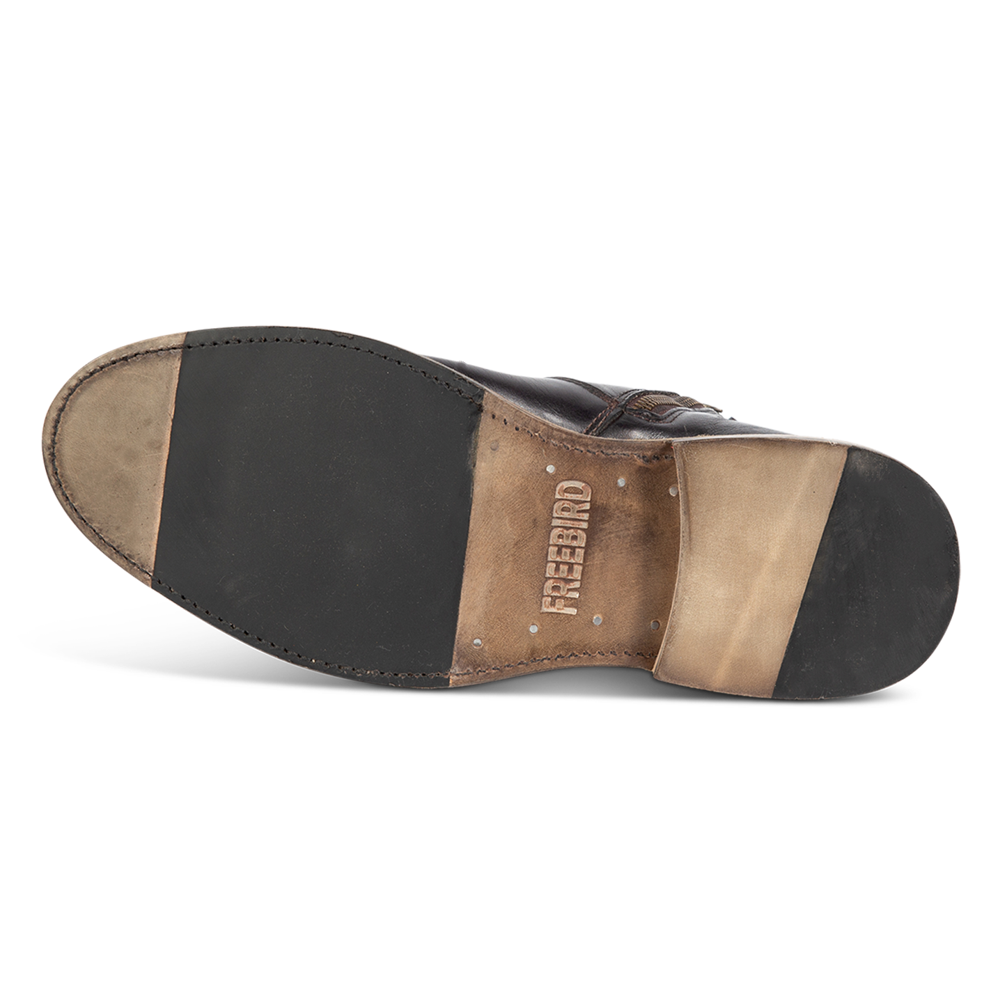 Leather and rubber sole imprinted with FREEBIRD on men's Douglas black leather ankle boot