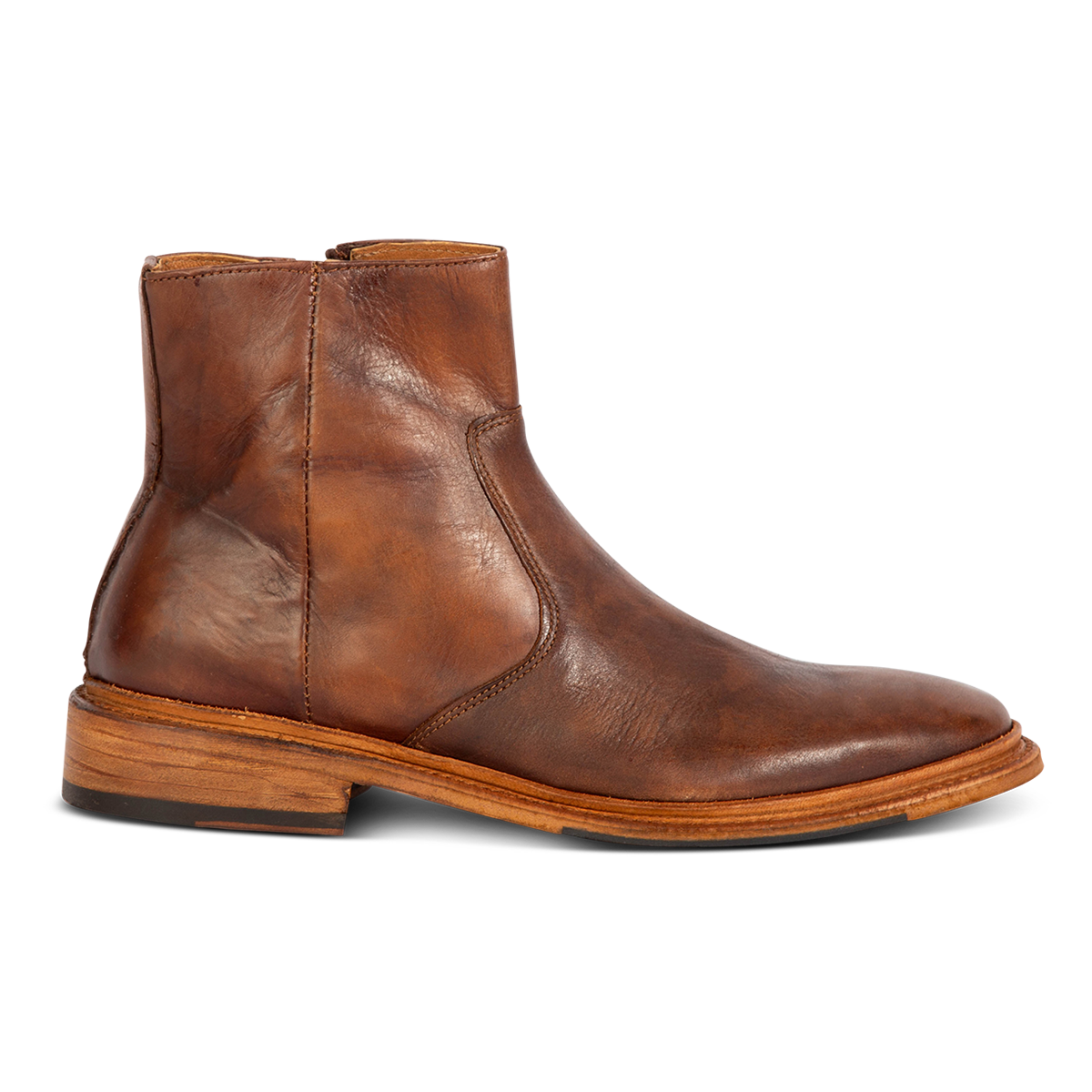 FREEBIRD men's Douglas cognac leather ankle boot with an almond toe, inside zip and low heel