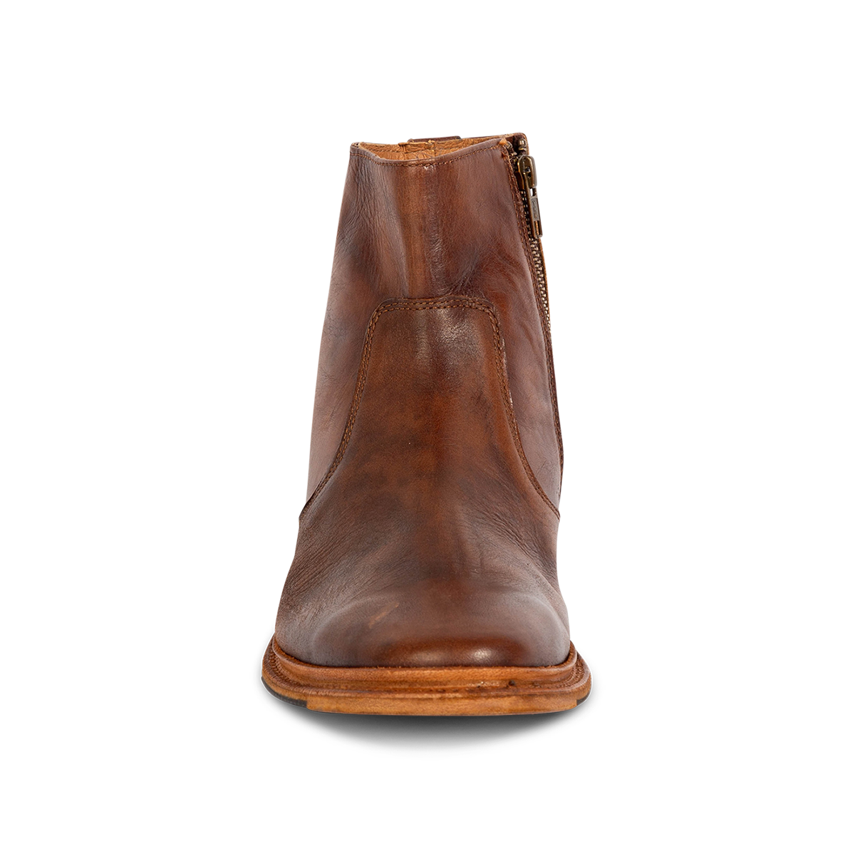 Front view showing FREEBIRD men's Douglas cognac leather ankle boot with an almond toe, inside zip and low heel