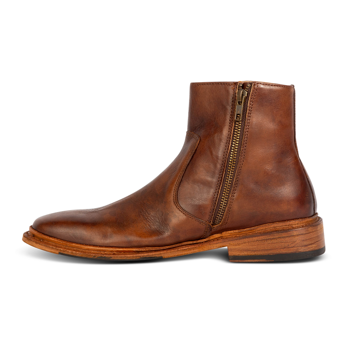 Inside view showing FREEBIRD men's Douglas cognac leather ankle boot with an almond toe, inside zip and low heel