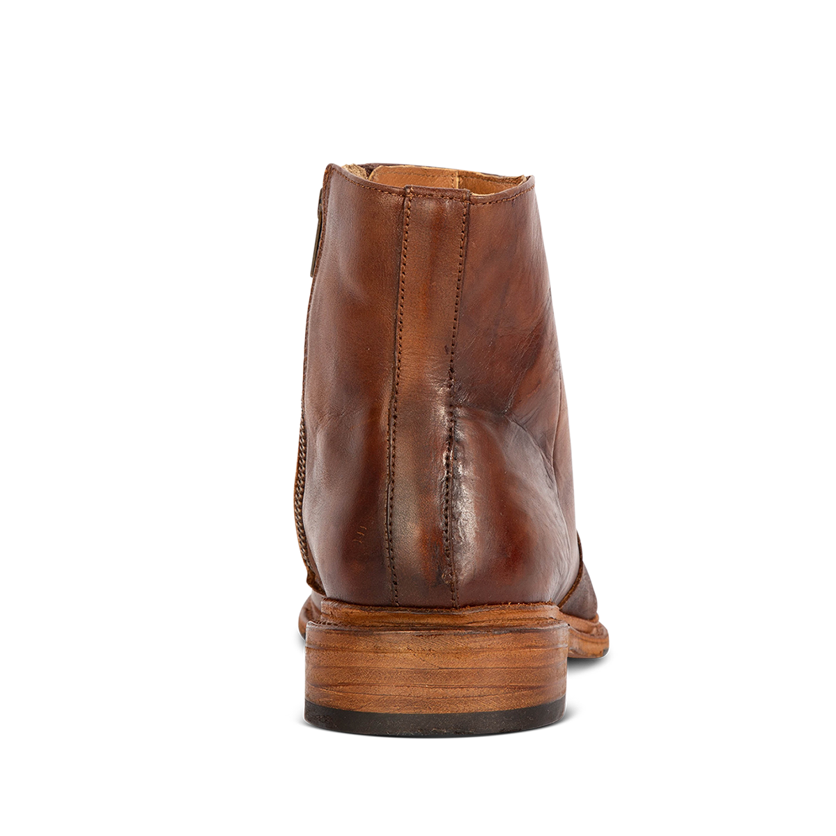Back view showing FREEBIRD men's Douglas cognac leather ankle boot with a low, lifted heel