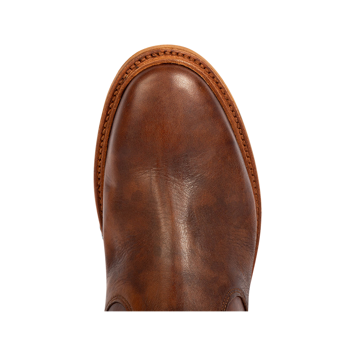 Top view showing an almond toe silhouette and 100% full grain leather on FREEBIRD men's Douglas cognac leather ankle boot