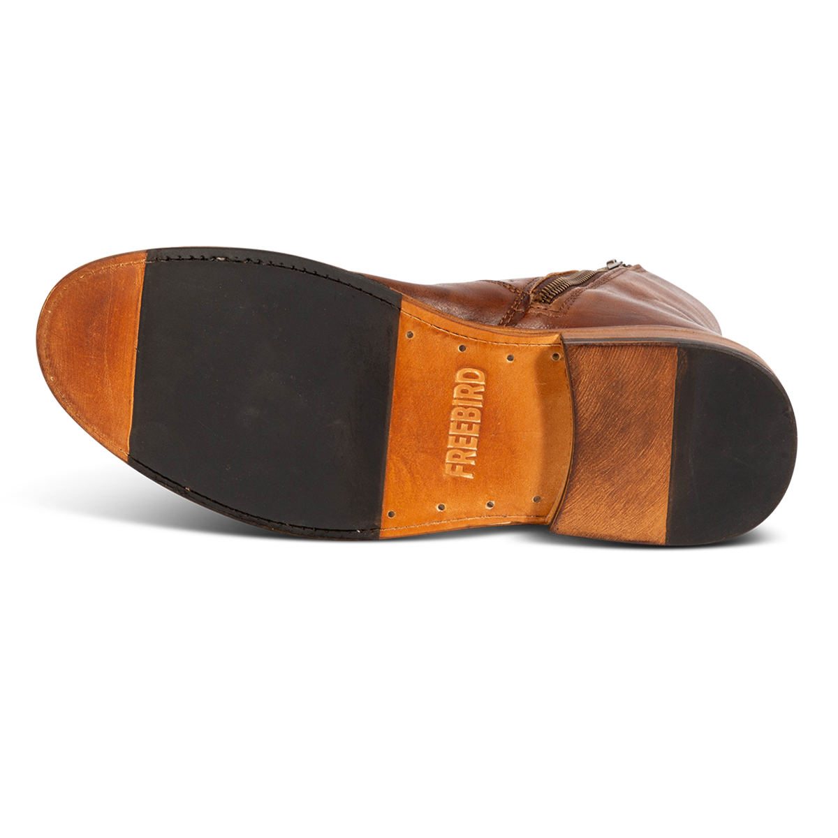 Leather and rubber sole imprinted with FREEBIRD on men's Douglas cognac leather ankle boot