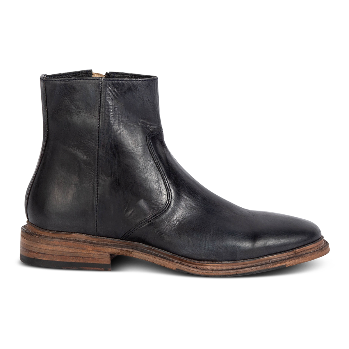 FREEBIRD men's Douglas navy leather ankle boot with an almond toe, inside zip and low heel