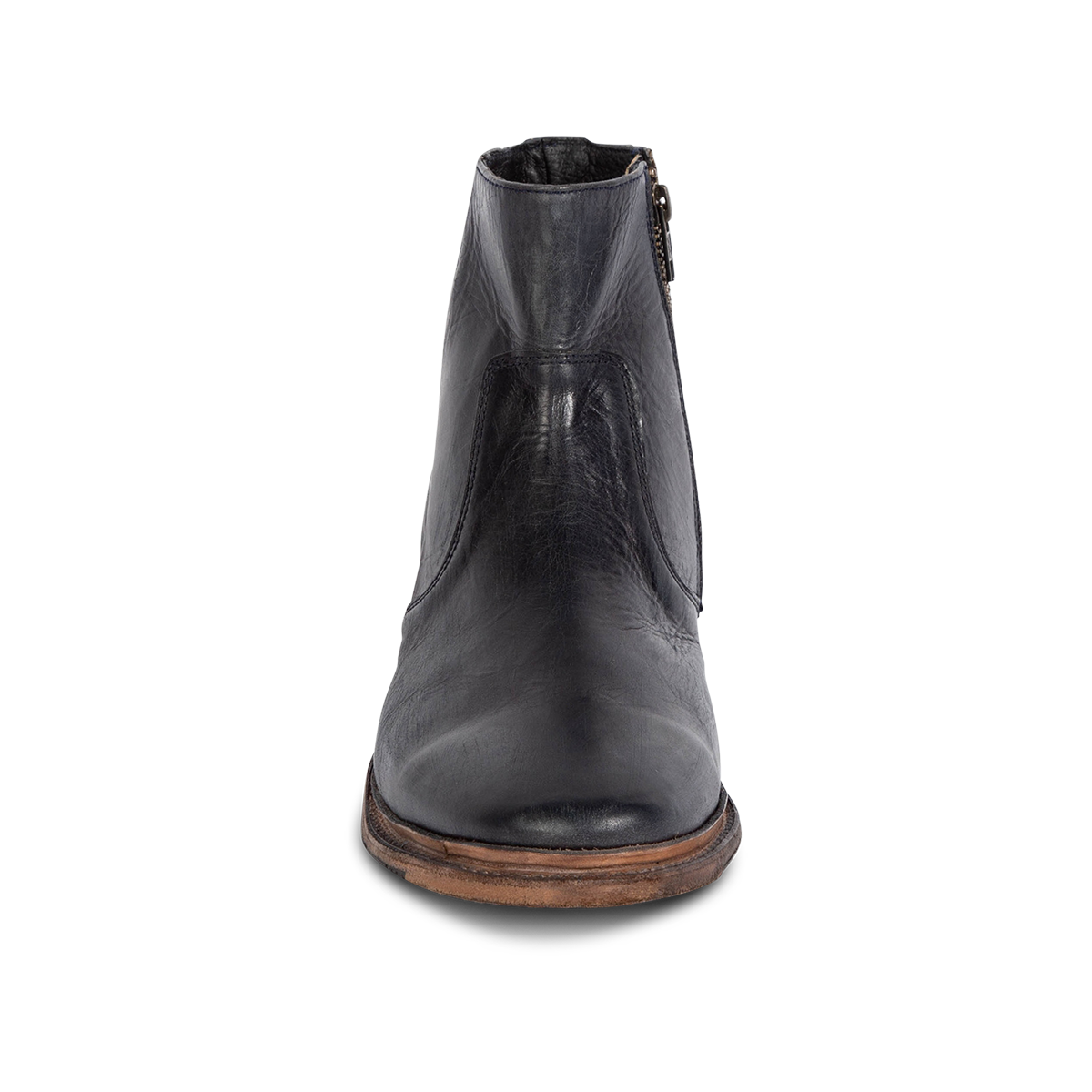Front view showing FREEBIRD men's Douglas navy leather ankle boot with an almond toe, inside zip and low heel