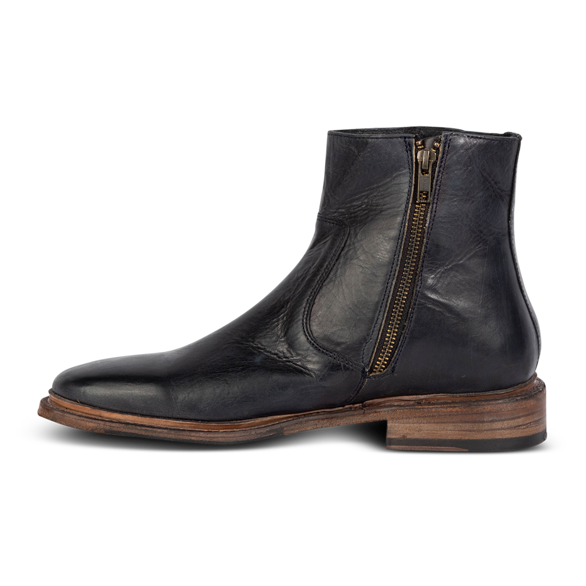 Inside view showing FREEBIRD men's Douglas navy leather ankle boot with an almond toe, inside zip and low heel
