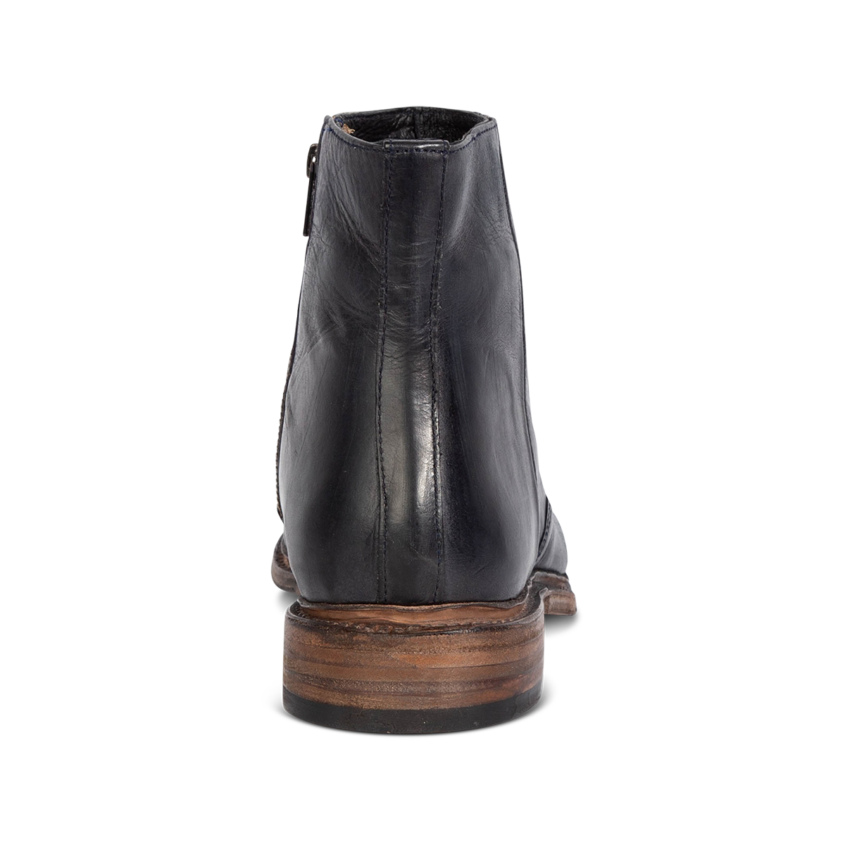 Back view showing FREEBIRD men's Douglas navy leather ankle boot with a low, lifted heel