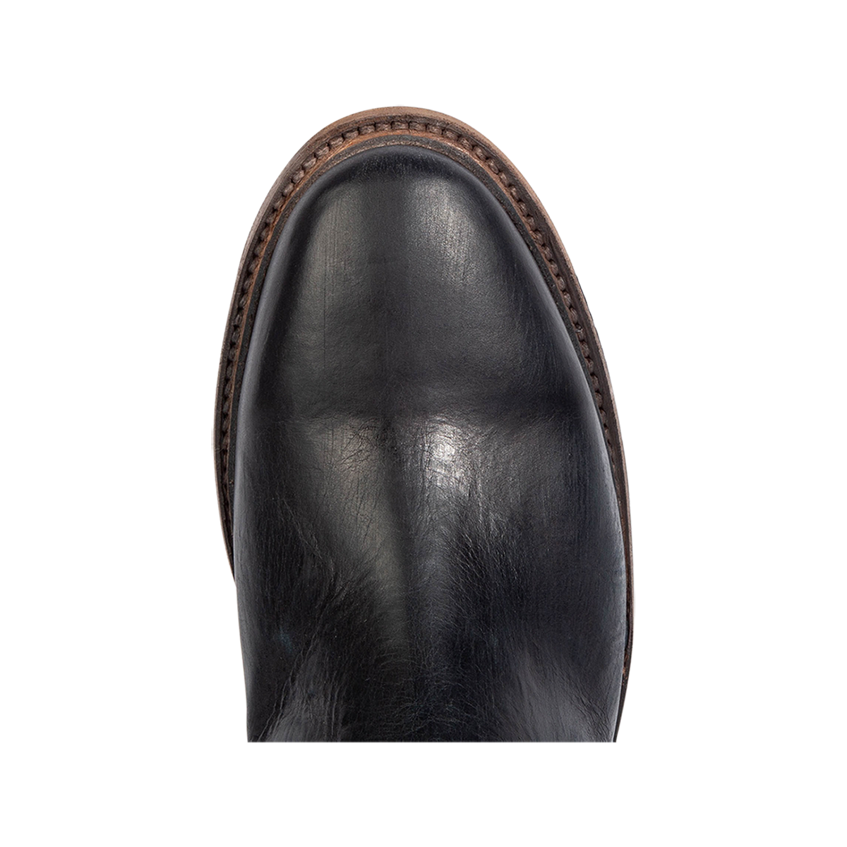 Top view showing an almond toe silhouette and 100% full grain leather on FREEBIRD men's Douglas navy leather ankle boot