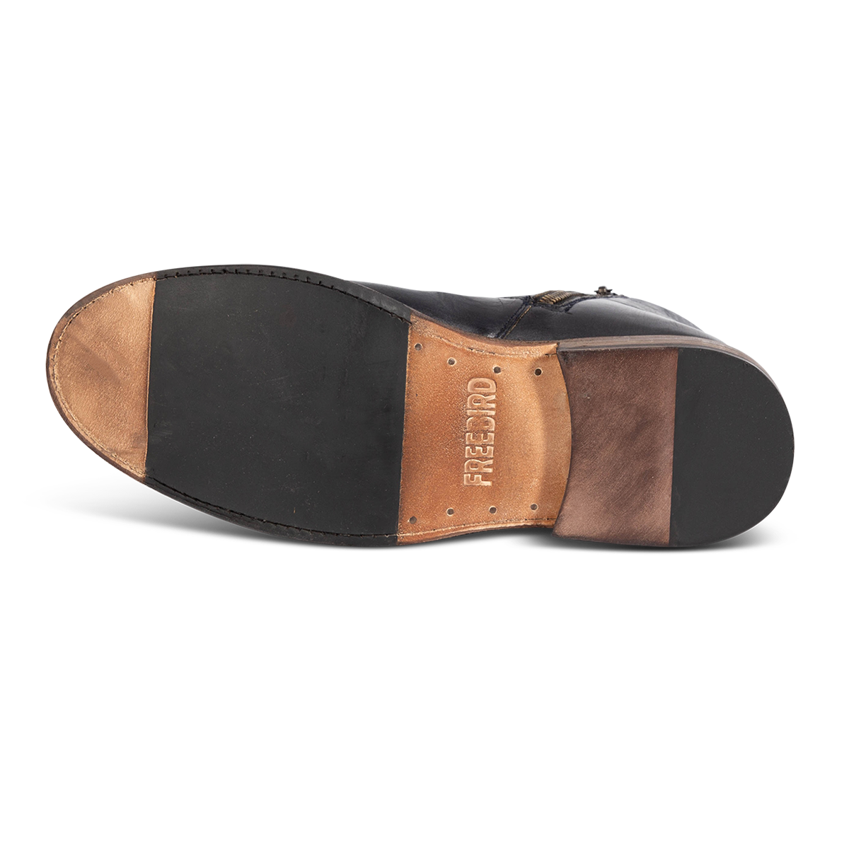 Leather and rubber sole imprinted with FREEBIRD on men's Douglas navy leather ankle boot