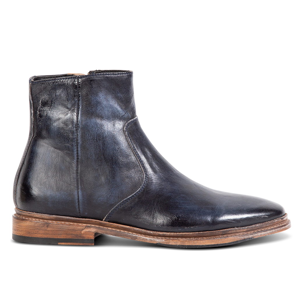 FREEBIRD men's Douglas navy leather ankle boot with an almond toe, inside zip and low heel