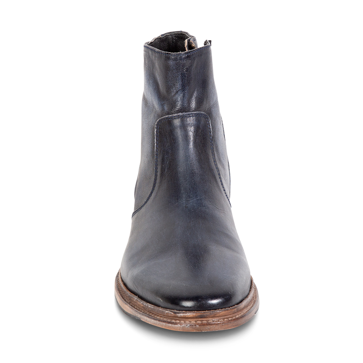 Front view showing FREEBIRD men's Douglas navy leather ankle boot with an almond toe, inside zip and low heel